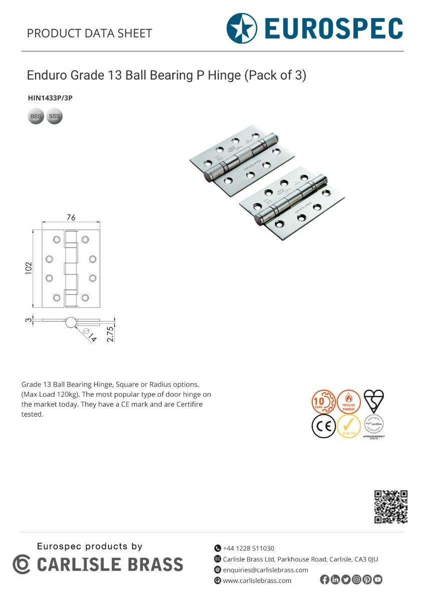 Eurospec HIN1433P/13SSS/3P Eurospec 102 X 76 X 3mm Ball Bearing Hinge - Grade 13 Satin Stainless Steel