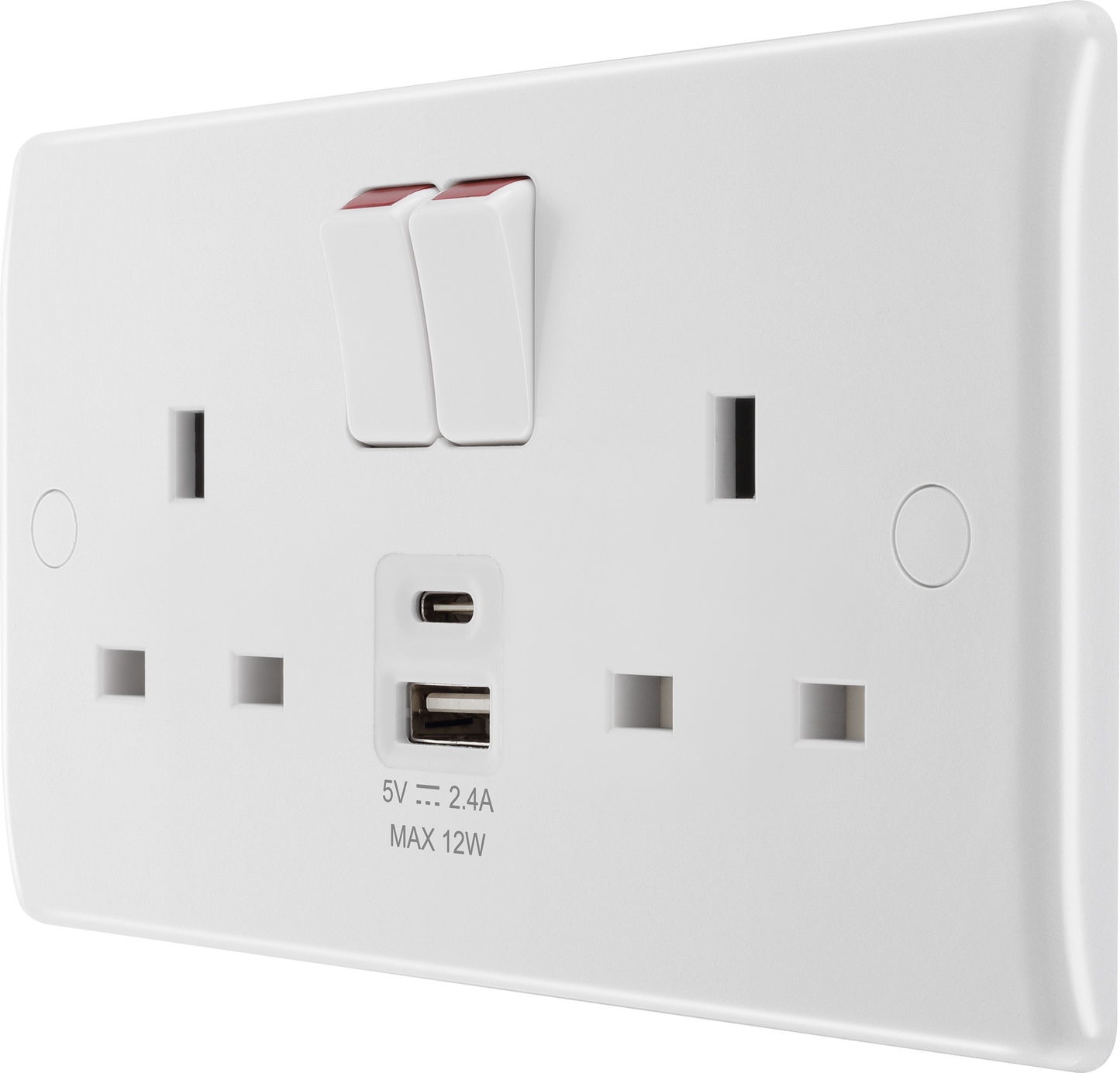 BG Electrical - White Round Edge 13A Double Switched Power Socket + USB A+C (12W)