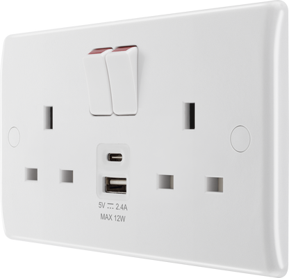 BG Electrical - White Round Edge 13A Double Switched Power Socket + USB A+C (12W)