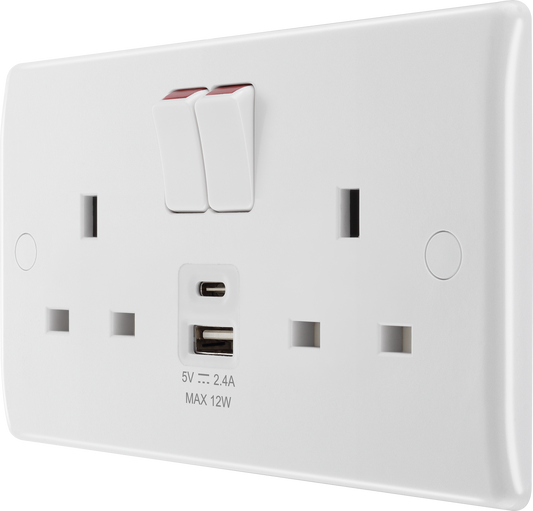 BG Electrical - White Round Edge 13A Double Switched Power Socket + USB A+C (12W)