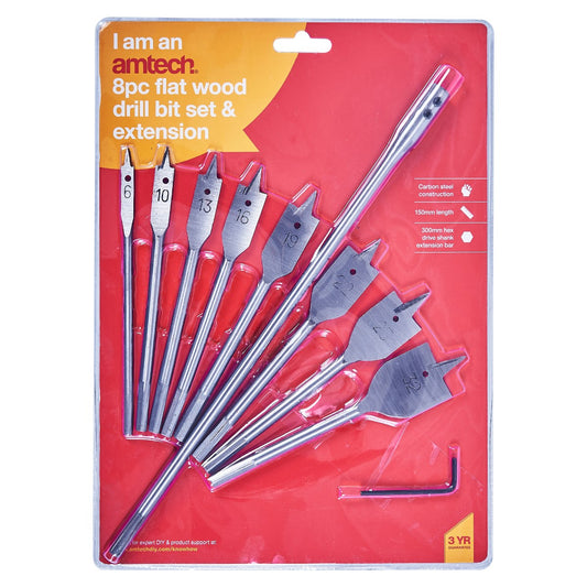 8pc Flat Wood Bit Set + 12” Extension