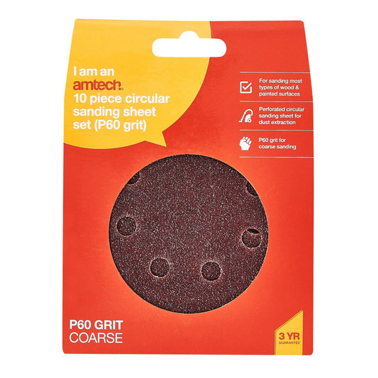 10pc Circular Sanding Sheet Set (P60 Grit) (Dia 115mm)