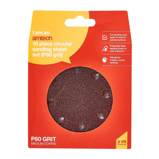 10pc Circular Sanding Sheet Set (P80 Grit) (Dia 115mm)