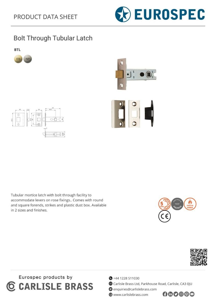 Eurospec BTL2/SQ 2.5" Ce B/T Tubular Mortice Latch Square Np 64mm Nickel Plated