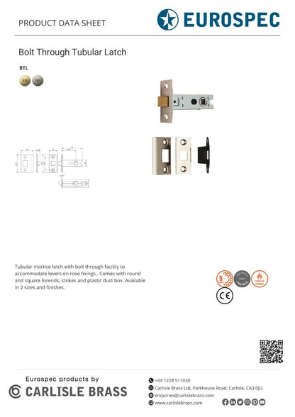 Eurospec BTL2/SQ 2.5" Ce B/T Tubular Mortice Latch Square Np 64mm Nickel Plated
