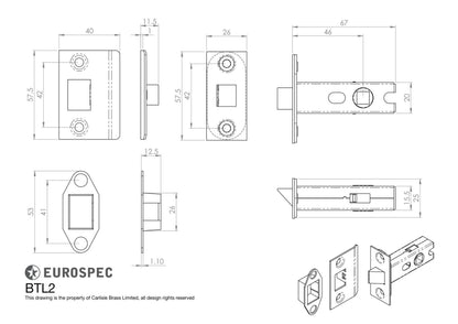 Eurospec BTL2/SQ 2.5" Ce B/T Tubular Mortice Latch Square Np 64mm Nickel Plated