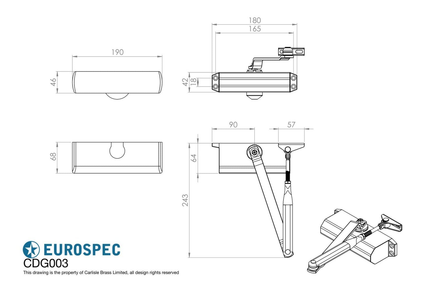 Eurospec ESDC003 Overhead Door Closer (Fixed Size 3) Silver