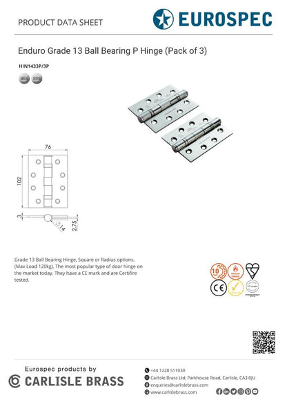 Eurospec HIN1433P/13SSS/3P Eurospec 102 X 76 X 3mm Ball Bearing Hinge - Grade 13 Satin Stainless Steel