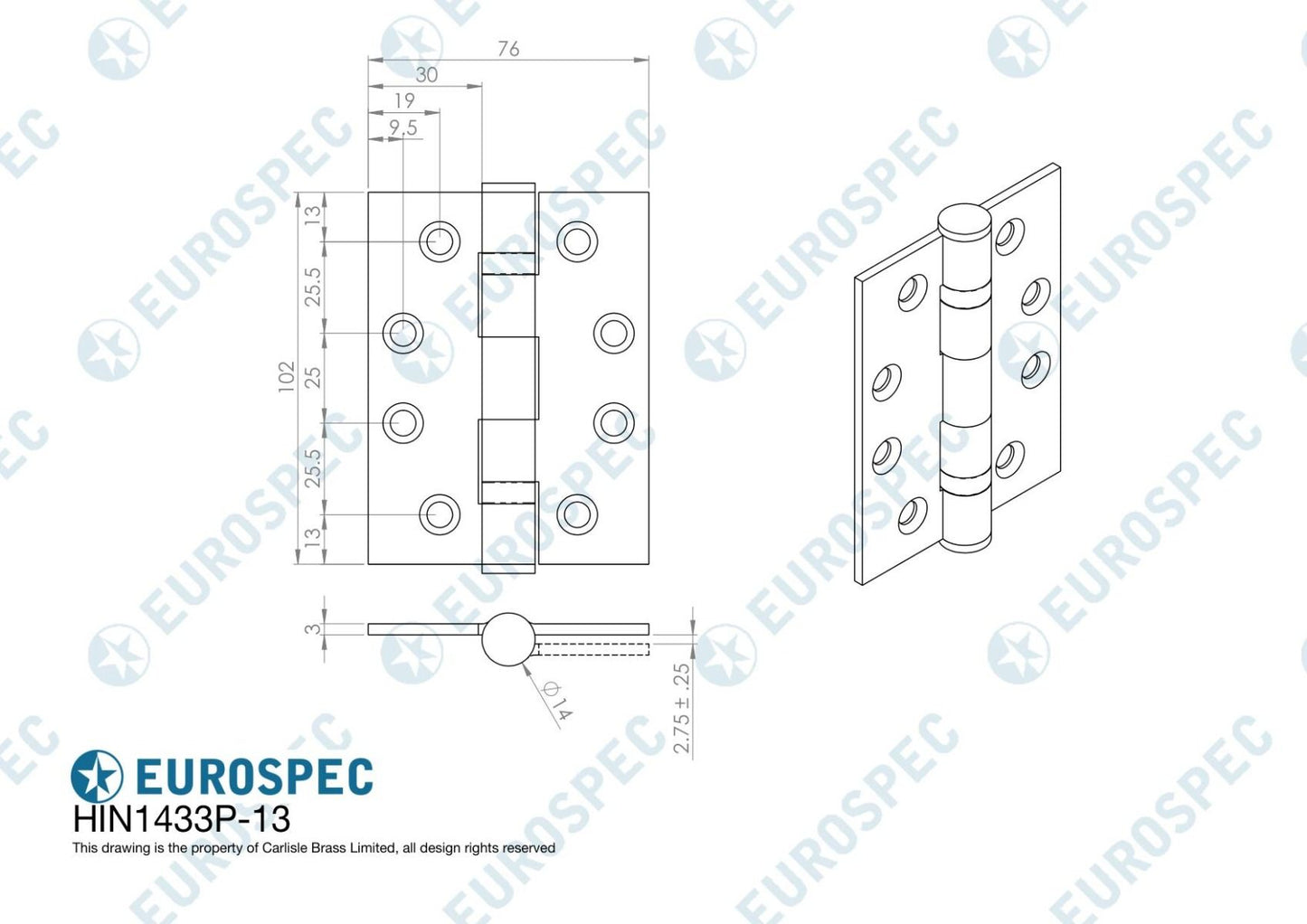 Eurospec HIN1433P/13SSS/3P Eurospec 102 X 76 X 3mm Ball Bearing Hinge - Grade 13 Satin Stainless Steel
