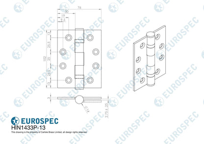 Eurospec HIN1433P/13SSS/3P Eurospec 102 X 76 X 3mm Ball Bearing Hinge - Grade 13 Satin Stainless Steel