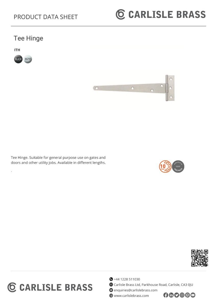 Carlisle Brass ITH229ZP/BP 229mm Tee Hinge C/W Screws Pair